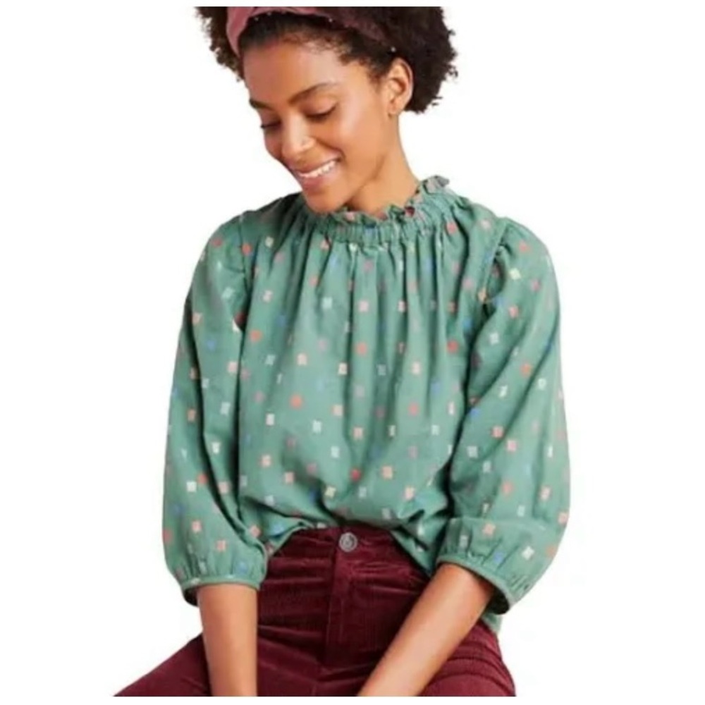 Anthropologie RO & DE Green Ruffle Colorful Square Blouse